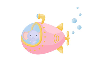 Cute little elephant sail on pink submarine. Cartoon character for childrens book, album, baby shower, greeting card, party invitation, house interior. Vector stock illustration.