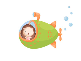 Cute little hedgehog sail on green submarine. Cartoon character for childrens book, album, baby shower, greeting card, party invitation, house interior. Vector stock illustration.