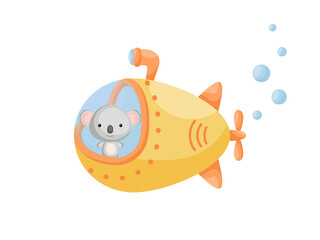 Cute little koala sail on yellow submarine. Cartoon character for childrens book, album, baby shower, greeting card, party invitation, house interior. Vector stock illustration.