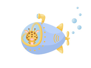 Cute little giraffe sail on blue submarine. Cartoon character for childrens book, album, baby shower, greeting card, party invitation, house interior. Vector stock illustration.