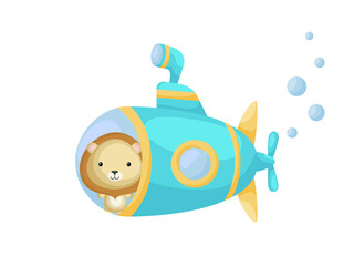 Cute little lion sail on turquoise submarine. Cartoon character for childrens book, album, baby shower, greeting card, party invitation, house interior. Vector stock illustration.