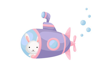 Cute little hare sail on violet submarine. Cartoon character for childrens book, album, baby shower, greeting card, party invitation, house interior. Vector stock illustration.