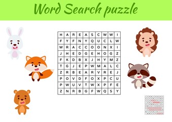 Game template word search puzzle of animals for children with pictures. Kids activity worksheet printable version. Educational game for study English words. Includes answers. Vector stock illustration