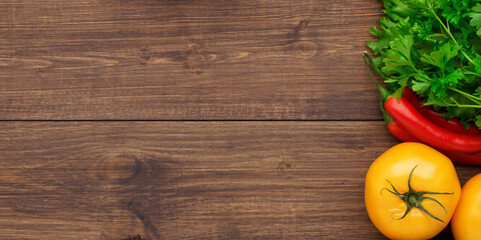 Selection of fresh products for preparing healthy and delicious vegetarian and vegan food. Various vegetables and fruits lie on the table. Flat lay.