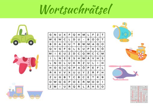 Wortsuchrätsel - Word search puzzle. Kids activity worksheet colorful printable version. Educational game for study German words. Includes answers. Vector stock illustration