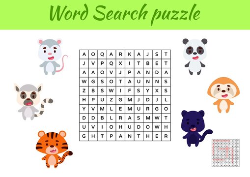 Game template word search puzzle of animals for children with pictures. Kids activity worksheet printable version. Educational game for study English words. Includes answers. Vector stock illustration