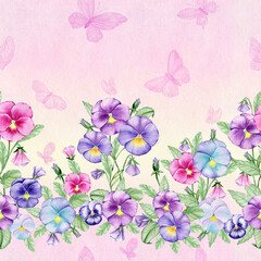 Obraz na płótnie Canvas Pansies, butterflies. A seamless watercolor pattern, on a gradient background.