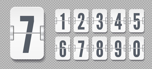 White flip mechanical score board numbers with shadows on transparent background. Vector template for time counter or web page timer