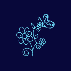 beautiful flower pattern with leaf and butterfly isolated on dark blue background. decorative abstract design template. hand drawn vector. doodle art for wallpaper, cover, greeting, invitation, card. 
