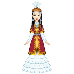 Asian beauty. Animation portrait of a beautiful girl in ancient national cap and jewelry. Full growth. Central Asia. Vector illustration isolated on a white background. 