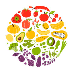 A set of products in a circle, healthy food. Fruits, vegetables and nuts. Cartoon flat vector illustration isolated on white background.