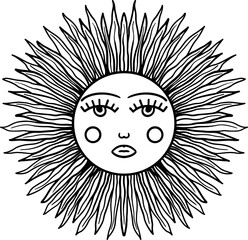 Sun retro emblem. Vintage antique drawing sun face sketch, old engraving vector illustration. Hand drawn sun with face stylized as engraving. Can be used as a print for T-shirts and bags, postcards, d