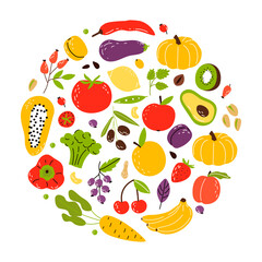 A set of products in a circle, healthy food. Fruits, vegetables and nuts. Cartoon flat vector illustration isolated on white background.