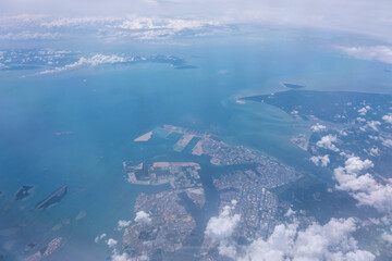 Panorama highland view in the sumatera ocean, day time, in Above Sumatera going to Malaysia. Perfect View with blue ocean passing Batam Island near Malaysia and Singapore.