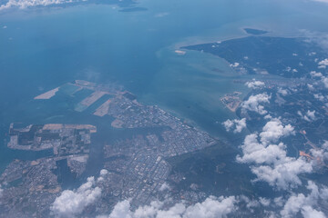 Panorama highland view in the sumatera ocean, day time, in Above Sumatera going to Malaysia. Perfect View with blue ocean passing Batam Island near Malaysia and Singapore.