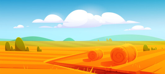 Rural landscape with hay bales on agriculture farm field. Vector cartoon illustration of countryside, farmland with round wheat straw rolls, yellow haystacks and barns © klyaksun
