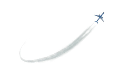 Airplane flying in the sky, white trail in the sky from the nozzle of the plane, illustration on a white background