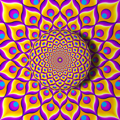 Yellow background from feathers of peacock with growing sphere. Optical expansion illusion.