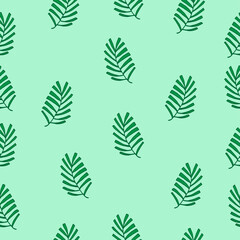 Fototapeta na wymiar seamless pattern with beautiful green leaf on green background. hand drawn vector. palm leaf illustration. doodle art for wallpaper, backdrop, fabric, textile, tile, wrapping paper and gift. 