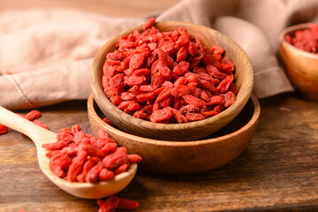 Bowl and spoon with dried goji berries on wooden background