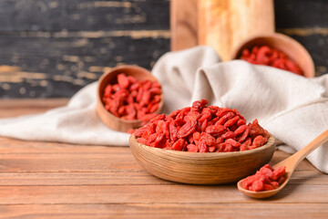 Bowl and spoon with dried goji berries on wooden background