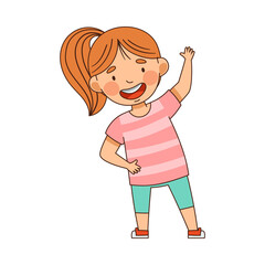 Energetic Little Girl with Ponytail in Kindergarden Doing Physical Exercise Vector Illustration