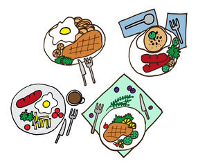 set of western food on white background. delicious food like steak, egg, sausage, cream soup, fries, vegetables. food on the plate, fork, spoon, knife and napkin. hand drawn vector. doodle food art. 