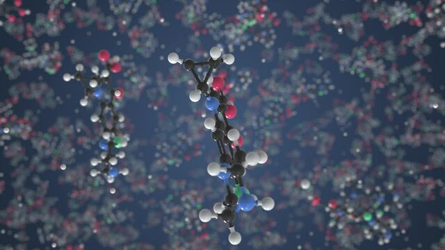 Ciprofloxacin molecule. Molecular model. Looping seamless 3d animation