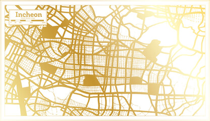 Incheon South Korea City Map in Retro Style in Golden Color. Outline Map.