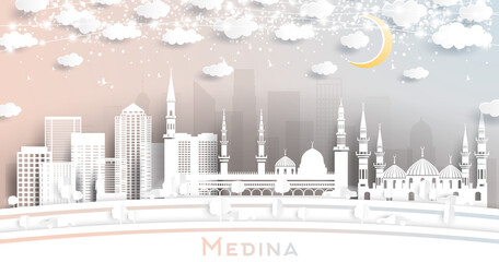 Medina Saudi Arabia City Skyline in Paper Cut Style with White Buildings, Moon and Neon Garland.
