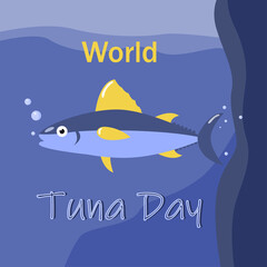 World Tuna Day. Cartoon fish in the open sea background. Vector flat cartoon illustration
