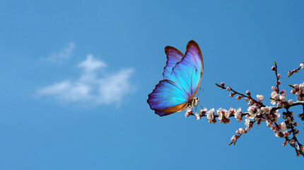 blossoming apricot. branch of blossoming apricot and bright blue morpho butterfly against blue sky...