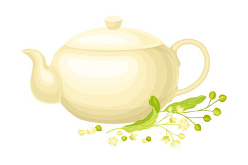 Small-leaved Linden or Tilia Cordata Blossom with Lime Tea in Teapot Vector Illustration