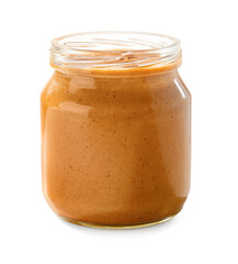 Jar with tasty peanut butter on white background