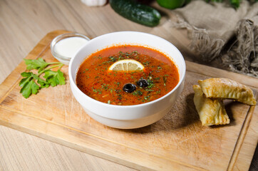 soup with meat and vegetables in white plate. solyanka. russian soup.