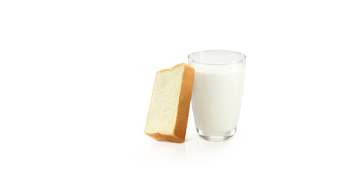 1 glass of fresh milk with 1 slice of soft bread on a white background