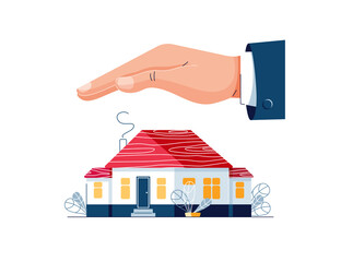 Protect your home vector illustration. Male hand is protecting the house building. House insurance, real estate protection, property protection, home safety security concept for banner. Flat design