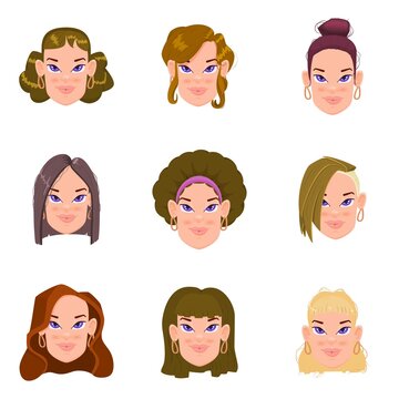 Set of cute flat women avatars with different hairstyles