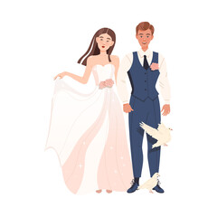 Affectionate Newlyweds Couple as Just Married Male and Female in Wedding Dress Holding Hands Vector Illustration