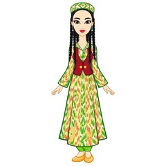 Asian beauty. Animation portrait of a beautiful girl in ancient national clothes and jewelry. Central Asia. Full growth. Vector illustration isolated. White background. 