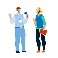 Speaker Man And Woman Speak On Conference Vector. Speaker Boy And Girl Couple Speaking On Business Meeting Or Festival, Sport Event Or Presentation. Characters Flat Cartoon Illustration