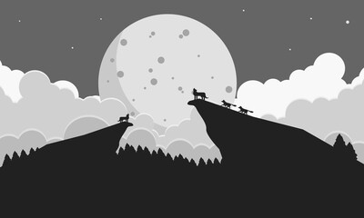 Vector landscape with silhouettes of forest and wolf with full moon and layered clouds for background or banners.