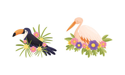 Perching Bird Sitting on Floral Nest with Blossoming Flowers and Leaves Vector Set