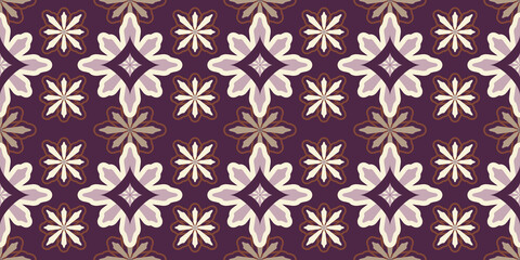 Seamless flowers geometric tile colorful pattern on a dark background.