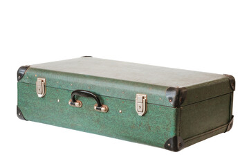 Old vintage green leather suitcase isolated on white background