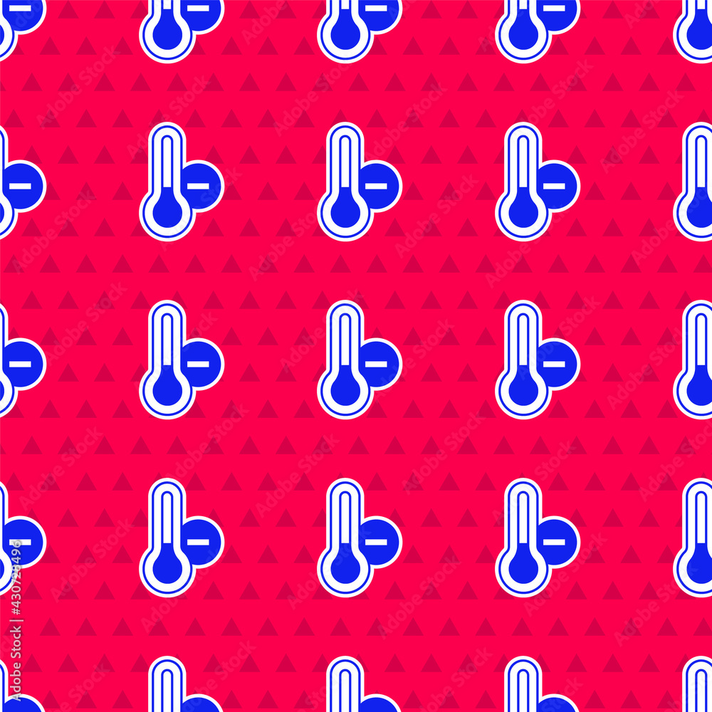 Poster blue meteorology thermometer measuring icon isolated seamless pattern on red background. thermometer