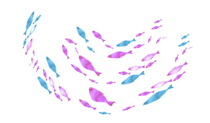 Silhouettes of groups of  fishes on white. Watercolor