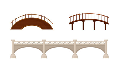 Straight and Arch Bridges Made of Wood and Concrete with Baluster Vector Set