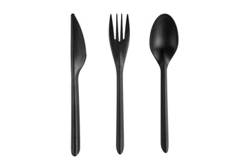 Black plastic spoon, knife and fork isolated on white background. Disposable tableware set isolated with clipping path.