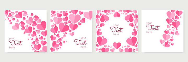 Valentine's day concept posters set. Vector illustration. 3d red and pink paper hearts with frame on geometric background. Cute love sale banners or greeting cards
